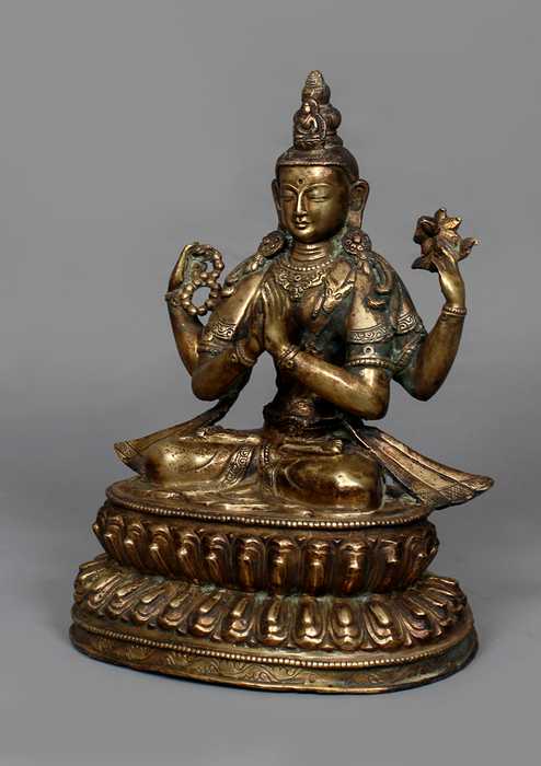 Antique Style Copper Chenrezig Statue 10" H