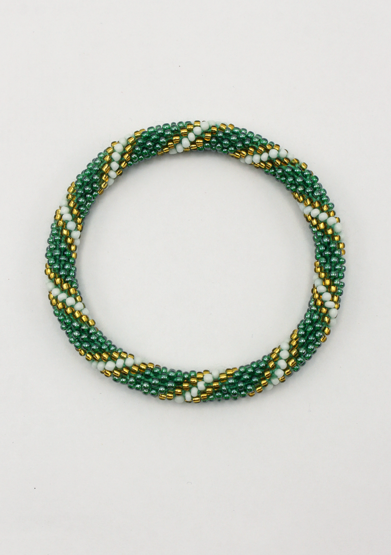 Green Gold White Stripe Roll on Beads Bracelet