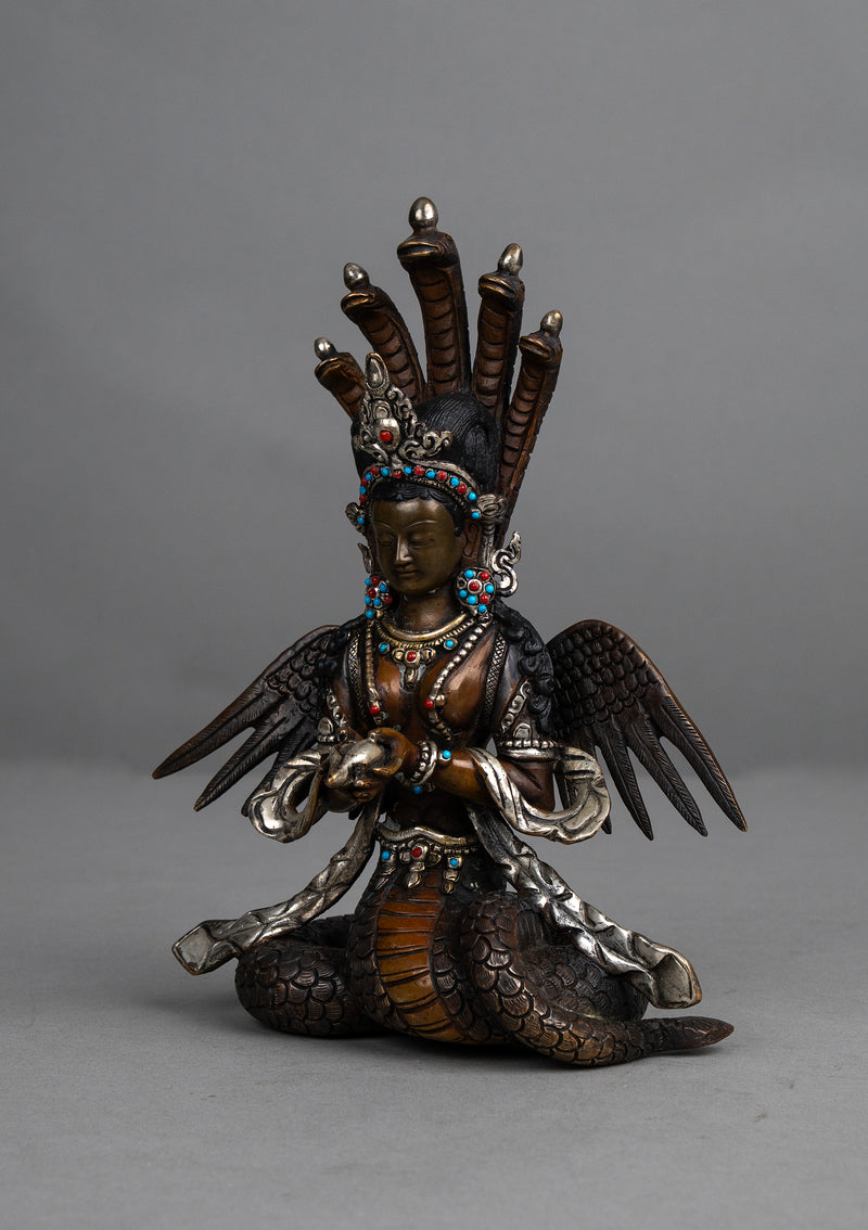 Copper Nagakanya Statue with Silver Highlights 9" H