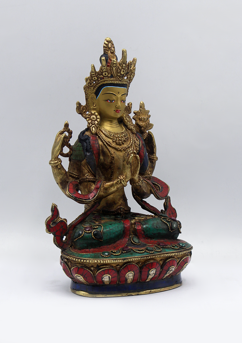Stone Inlaid Copper Chenrezig Statue 9"H