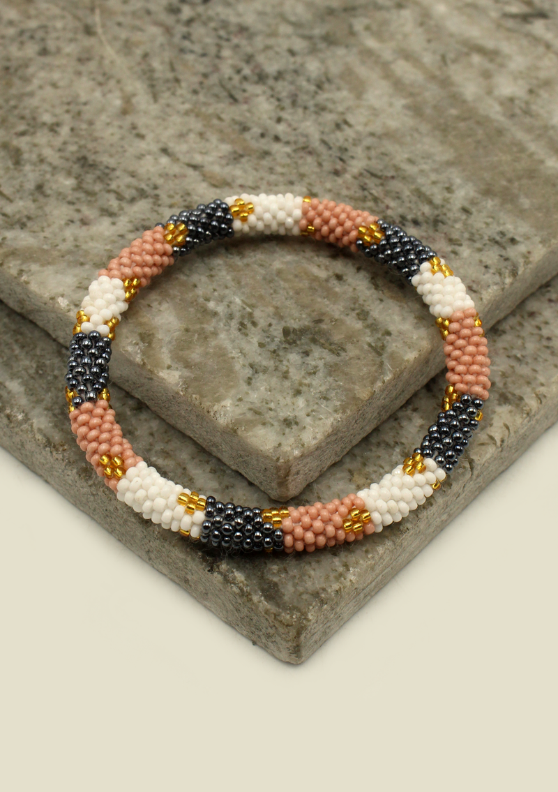 Silver Black Roll Beads Bracelet