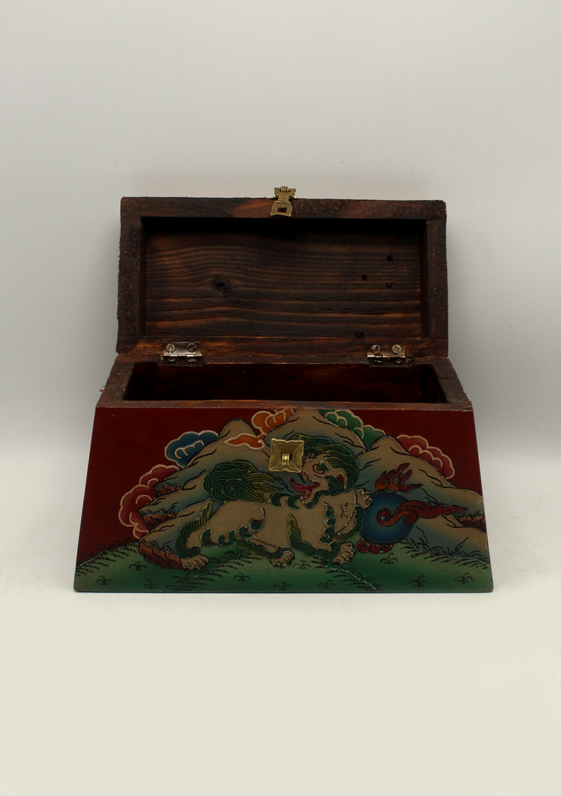 Handpainted Tibetan Red Jewelry Box with Snow Lion