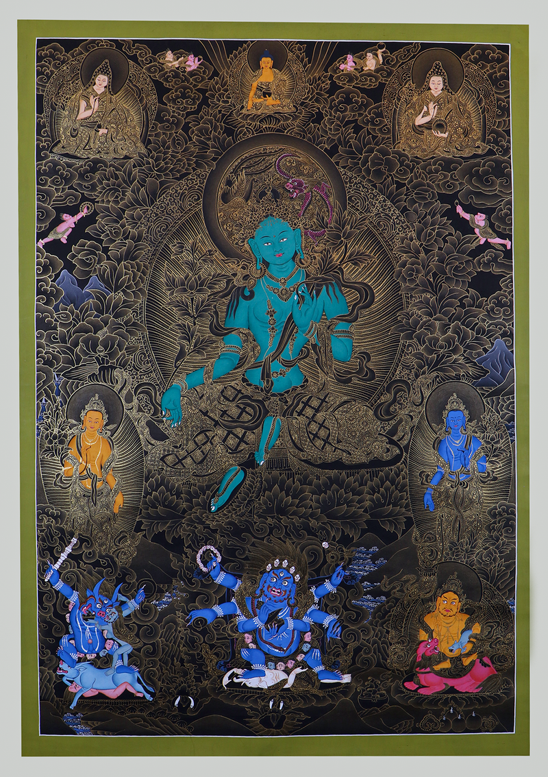 Green Tara  Black and Gold 24K Thangka Painting