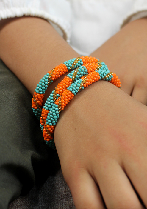 Orange Turquoise Nepalese Roll on Beads Bracelet for Kids