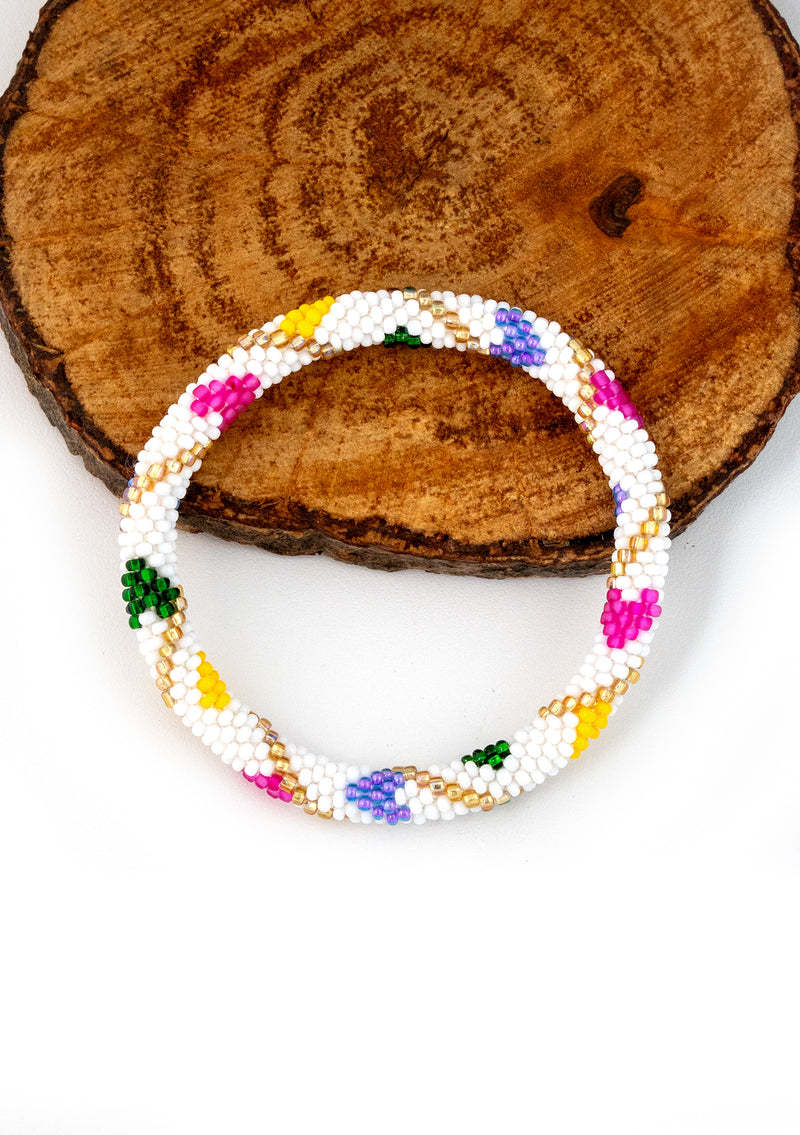 White Rainbow Hearts Nepalese Roll Bead Bracelet