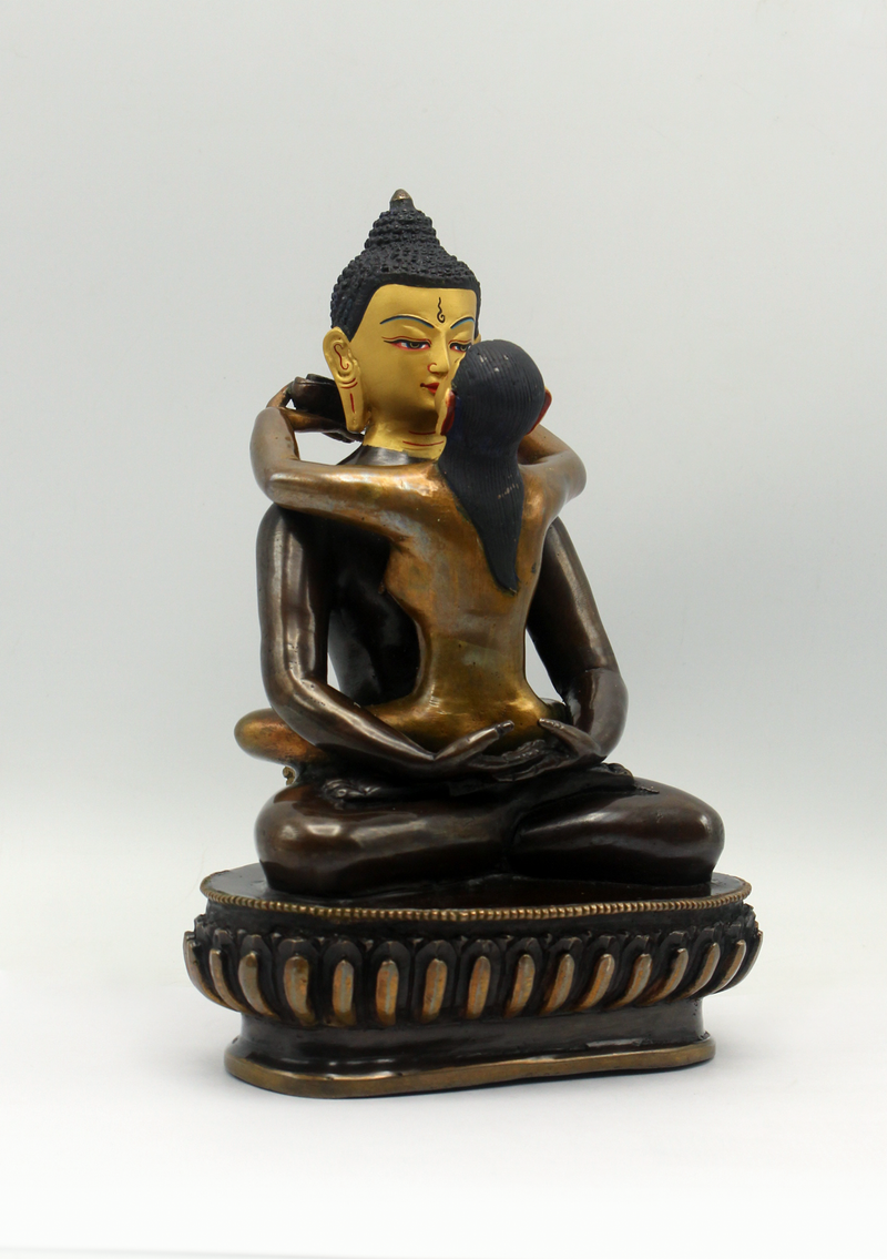 Gold Face Painted Copper Buddha Shakti Samantabhadra Statue 7.5"H