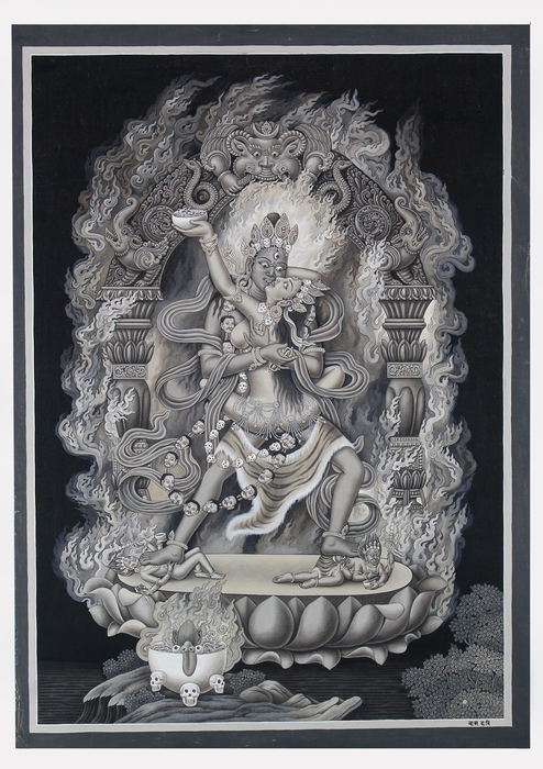 Chakrasambhava Black and White Thangka Painting