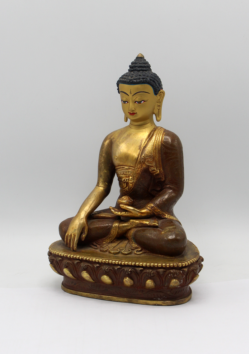 Partly Gold Plated Copper Shakyamuni Buddha Statue 8" H
