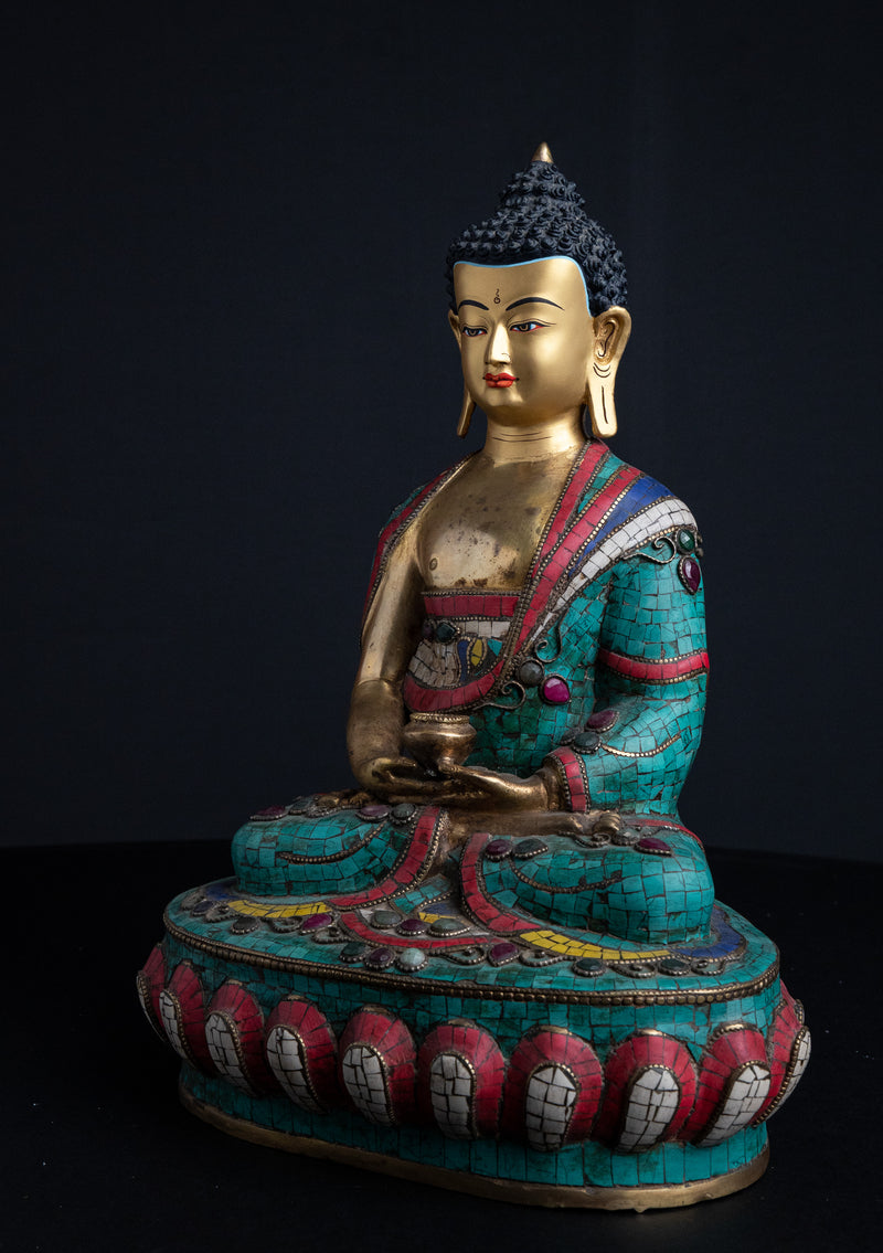 13" Shakyamuni Buddha Statue with Turquoise & Coral Inlay | Handmade in Nepal