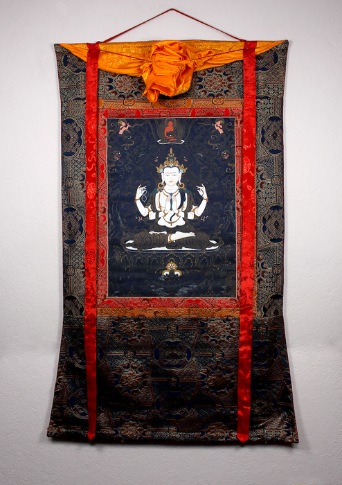 Chenrezig with Gold Highlights Brocade Thangka Painting