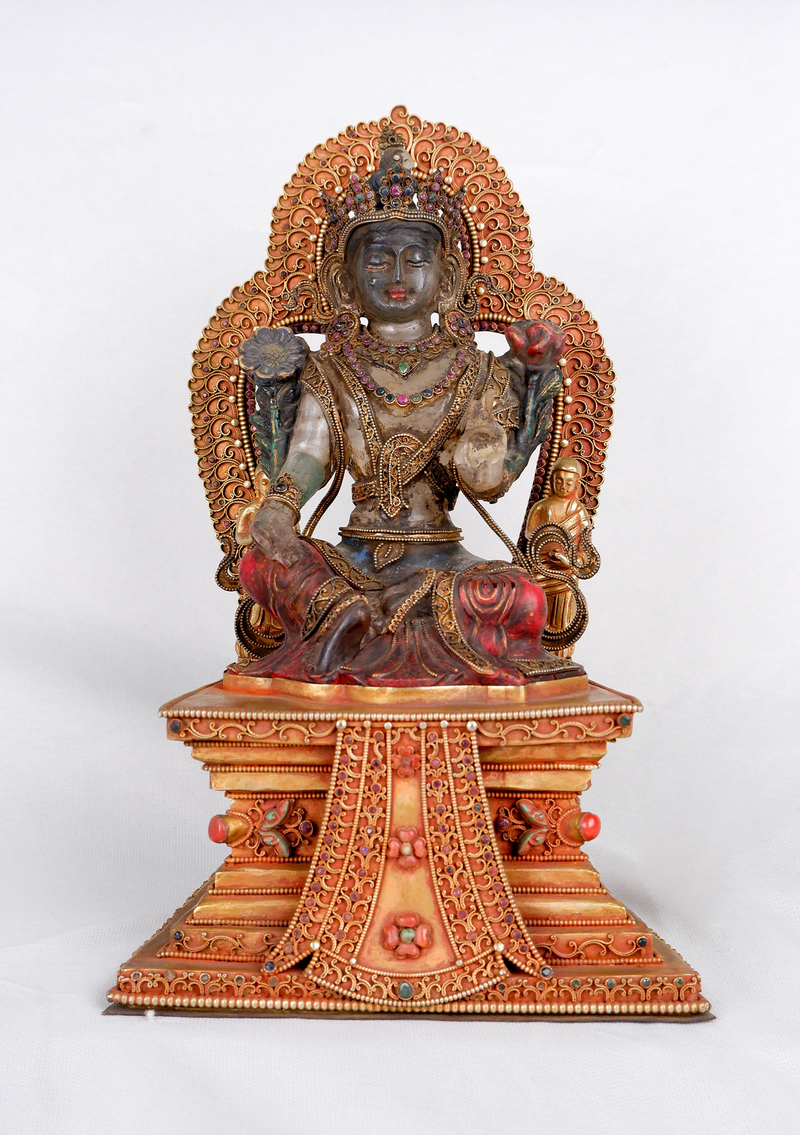 Crystal Green Tara Statue seated on the Double Lotus Throne
