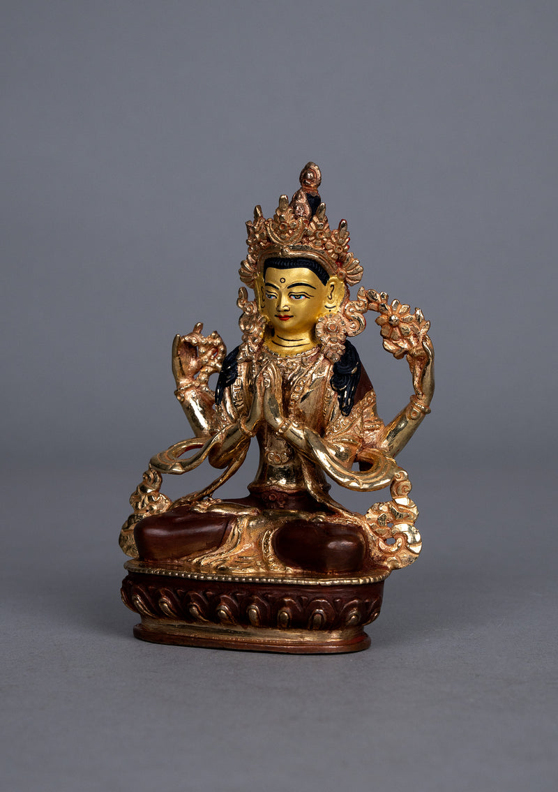 Partly Gold Plated Chenrezig Statue 5.5" H