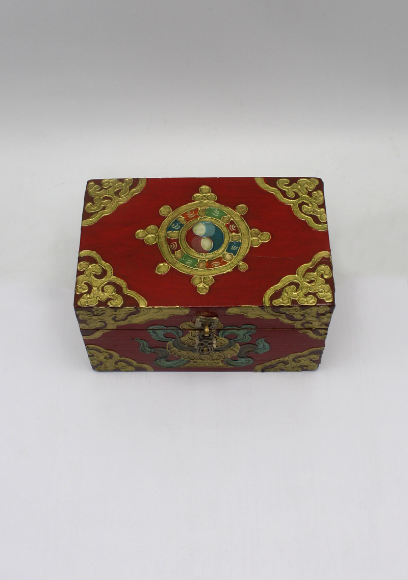 Handpainted Tibetan Wooden Box with Dharmachakra- Medium