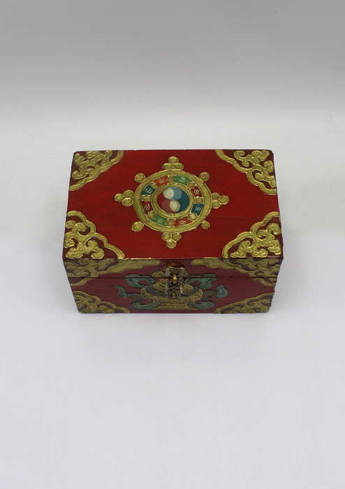 Handpainted Tibetan Wooden Box with Dharmachakra- Medium
