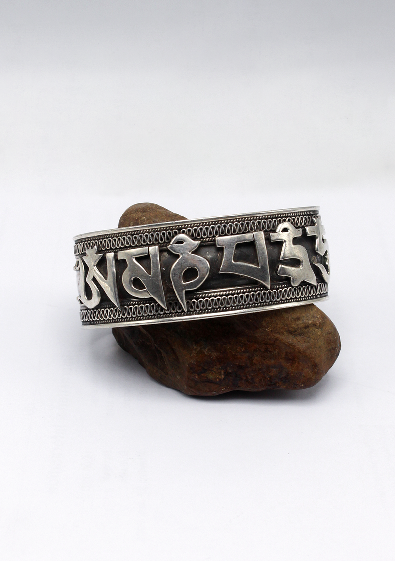 Om Mani Padme Hum Silver Large Wrist Bracelet