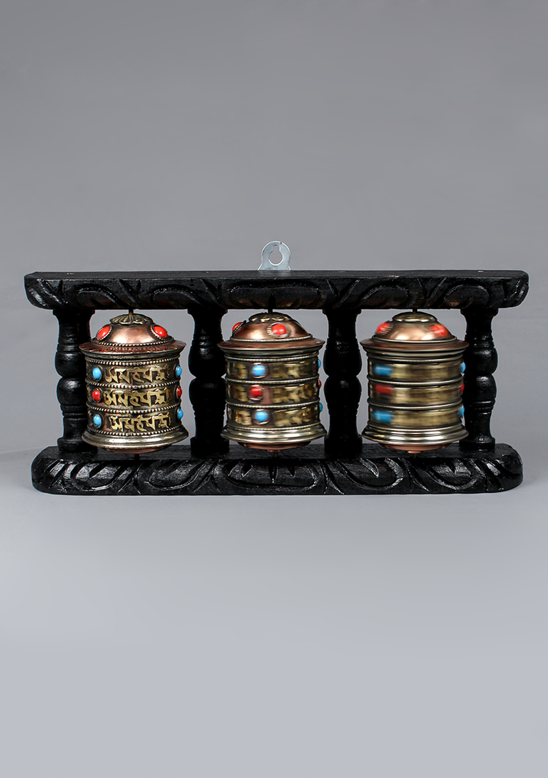 Om Mani Nepal Souvenirs 3 Prayer Wheel Wooden Frame Hanging