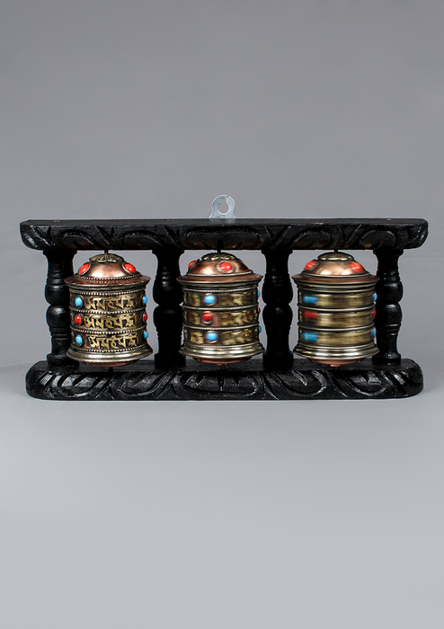 Om Mani Nepal Souvenirs 3 Prayer Wheel Wooden Frame Hanging