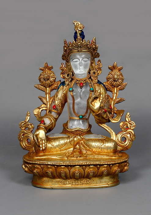 Crystal Gold Plated White Tara Statue 8.5"H