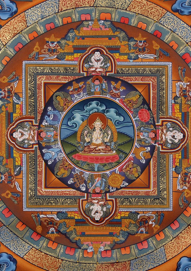 Brocade Framed Chenrezig Mandala Thangka | Handmade Spiritual Wall Art from Nepal