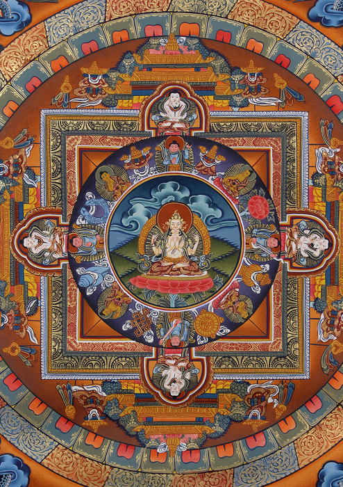 Brocade Framed Chenrezig Mandala Thangka | Handmade Spiritual Wall Art from Nepal