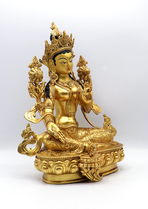 Green Tara Jetsun Dölma Gold Plated Copper Statue 13" H