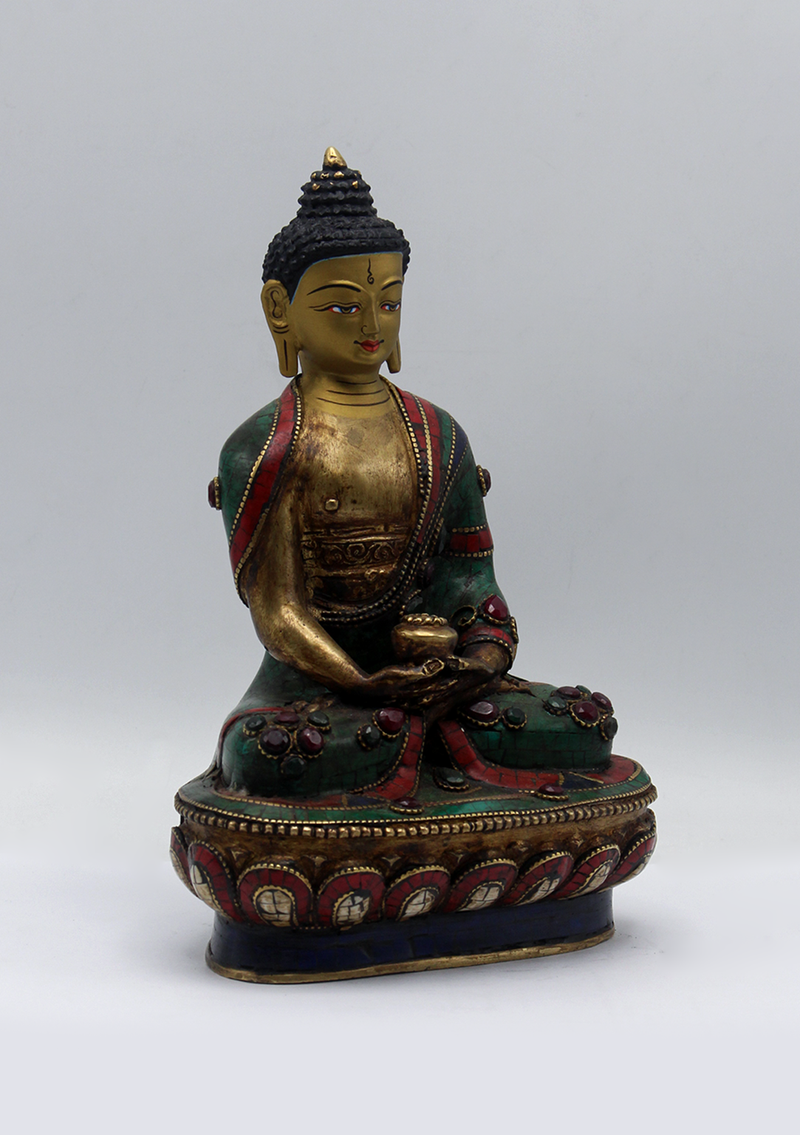 Stone Inlaid Copper Amitabha Buddha Statue 8.5"H