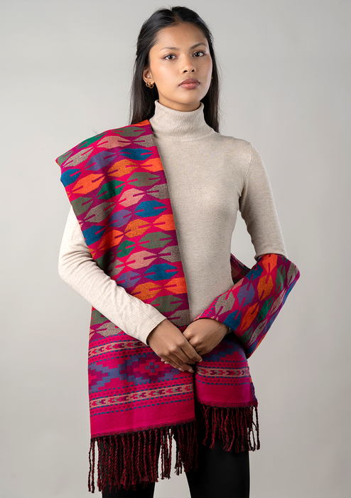 Hand loomed Nepali Dhaka Patterned Woolen Shawl- Rani Pink