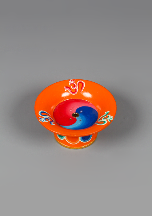 Om Painted Incense Burner for Tibetan and Flora Incense Sticks- Orange