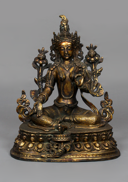Antique Style Copper Green Tara Statue 9.5" H