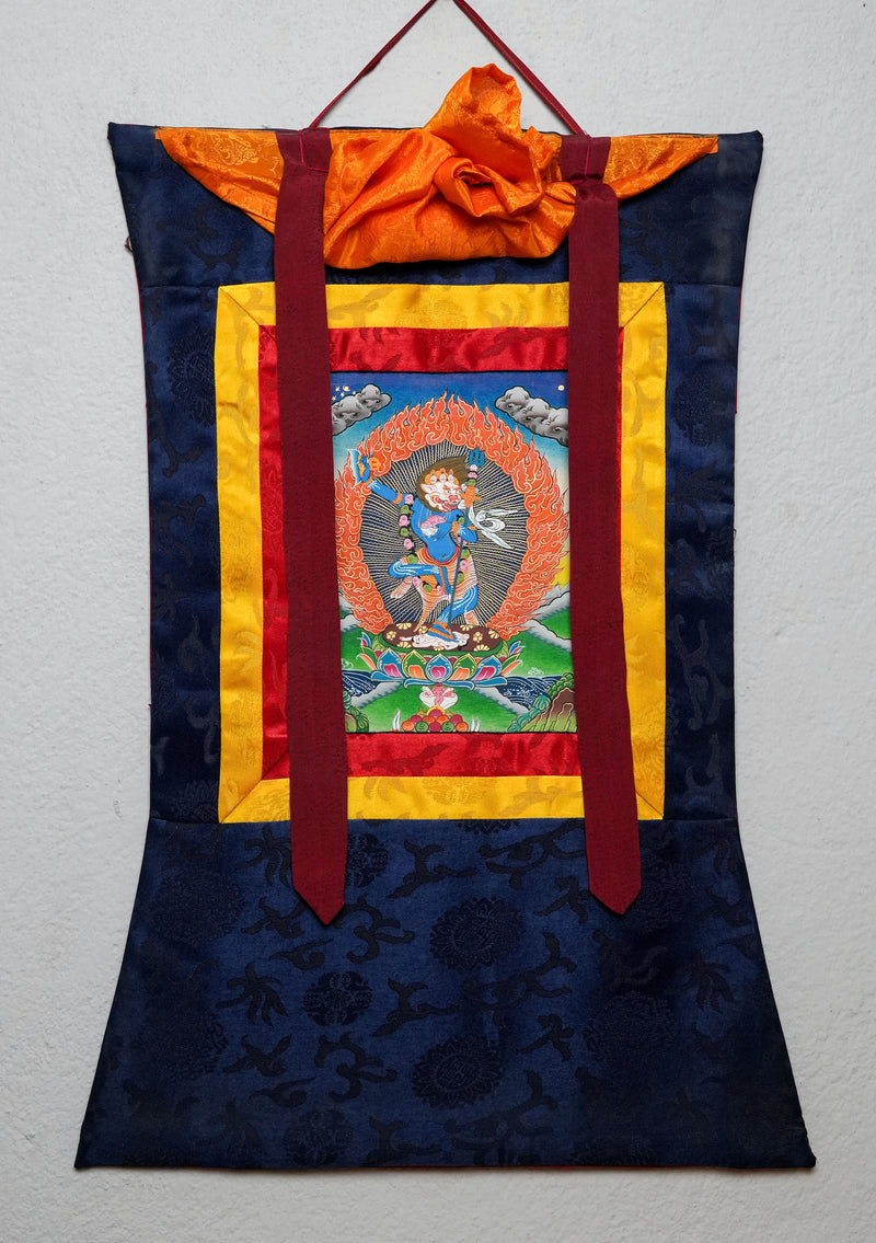 Simhamukha Thangka Painting with Brocade
