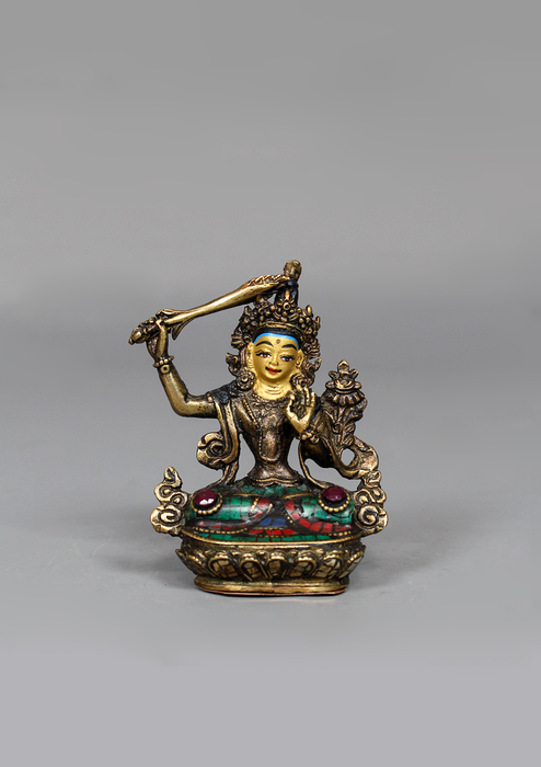 Stone Inlaid Copper Manjushree Statue 3.25" H