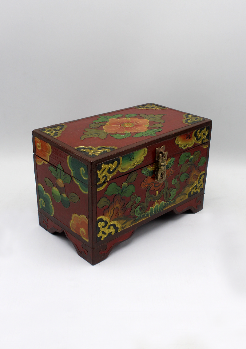 Handpainted Tibetan Red Flower Wooden Box with Parasol- Large