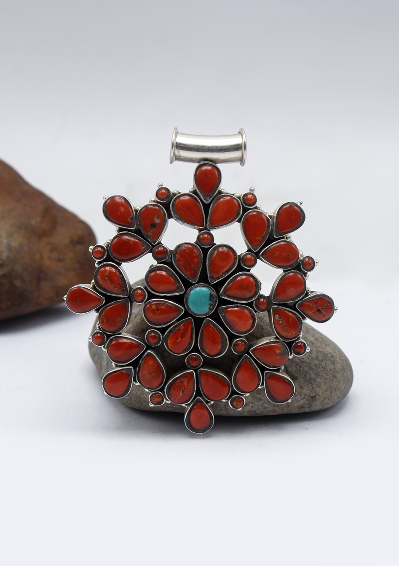 Multistone Coral  Flower  with Turquoise Silver Sterling Pendant