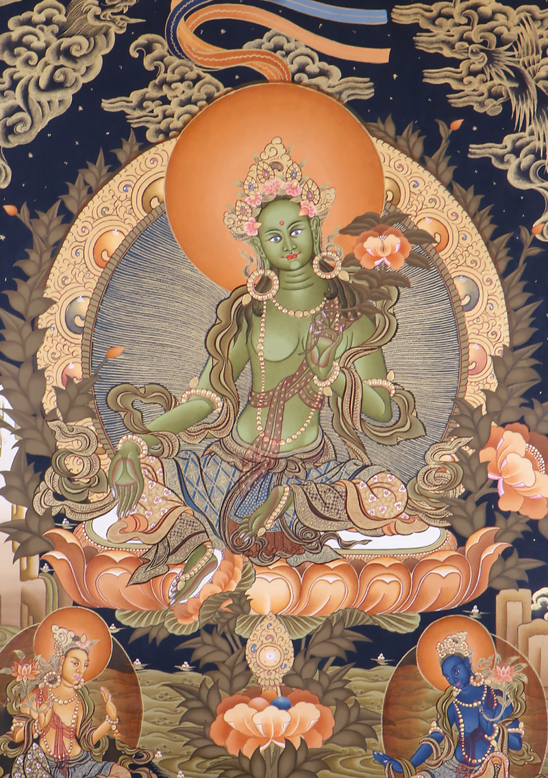 Green Tara 24 K Gold Drop Thangka Painting