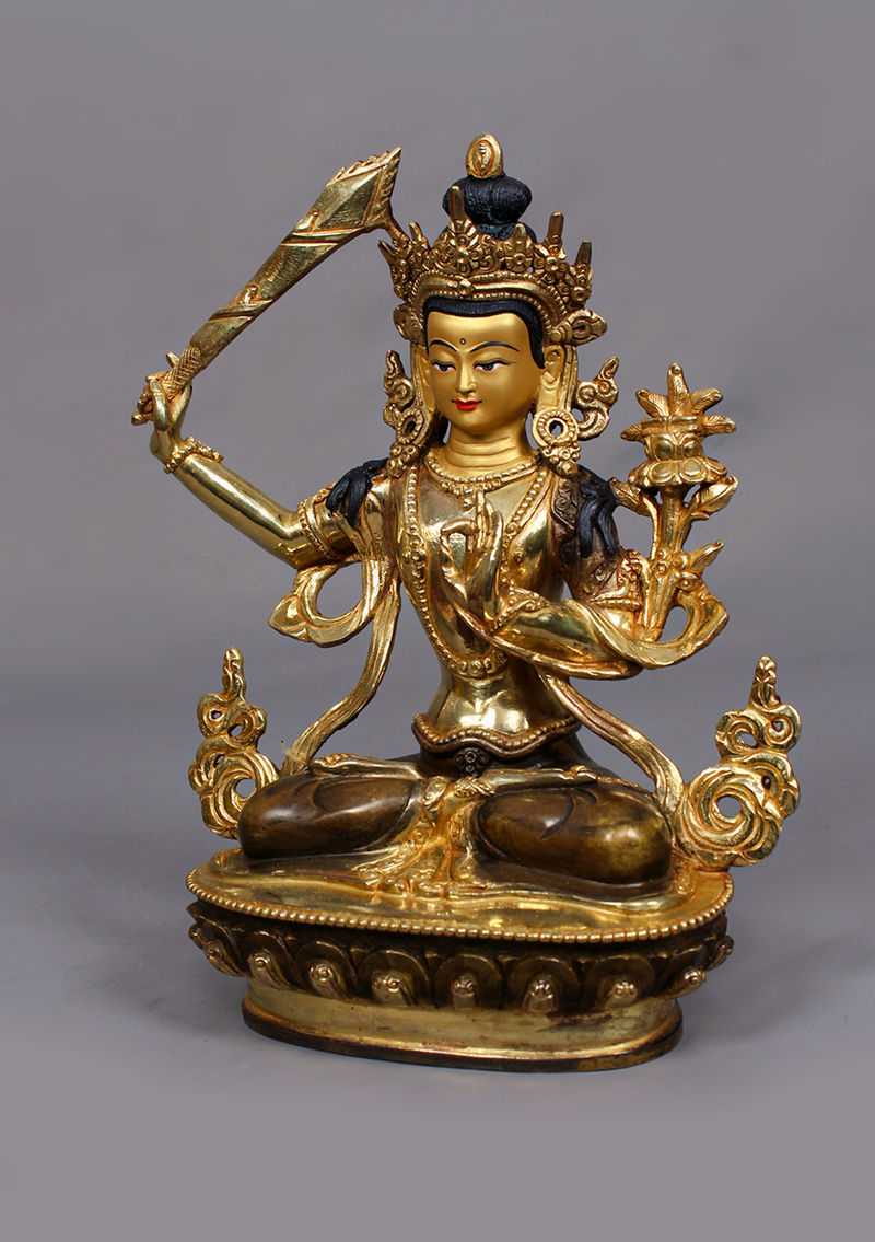 Partly Gold Plated Manjushree Statue 9" H