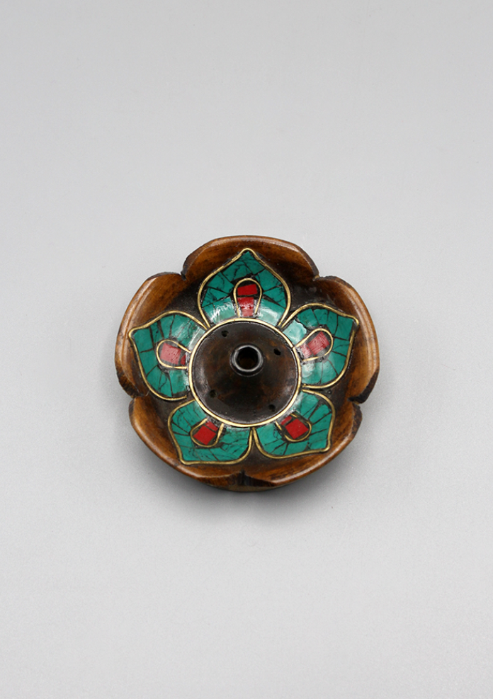 Turquoise Inlaid Tibetan Wooden Circular Incense Burner