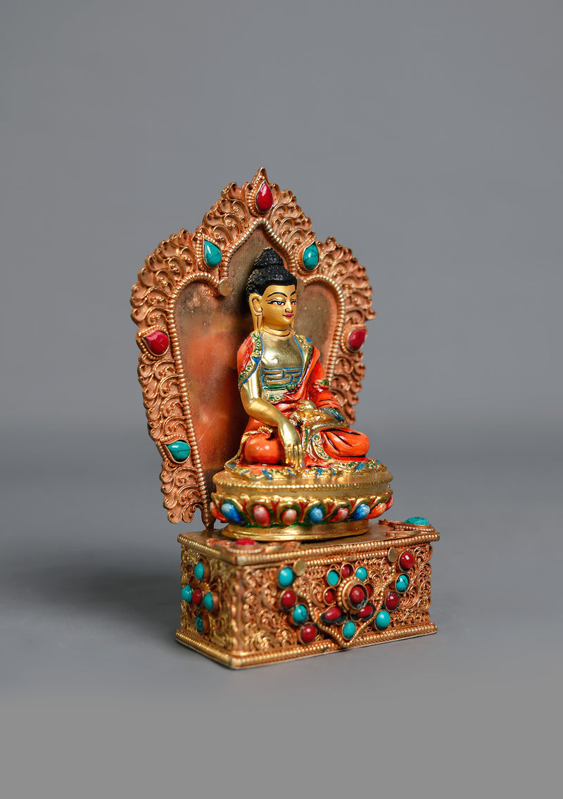 Handpainted Shakyamuni Buddha Statue with Stone-Inlaid Throne