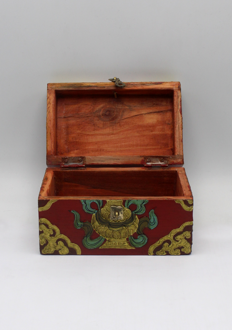 Handpainted Tibetan Wooden Box with Dharmachakra- Medium