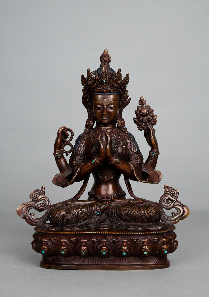 Handcrafted Copper Chenrezig (Avalokiteshvara) Statue with Stone Inlay