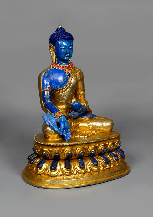 Lapis Lazuli Gold Plated Medicine Buddha Statue 12" H