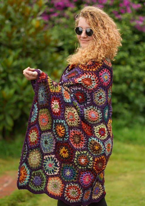 Purple Edges Hexagon Flower Pattern Multicolor Hand Crochet Woolen Blanket/Throw