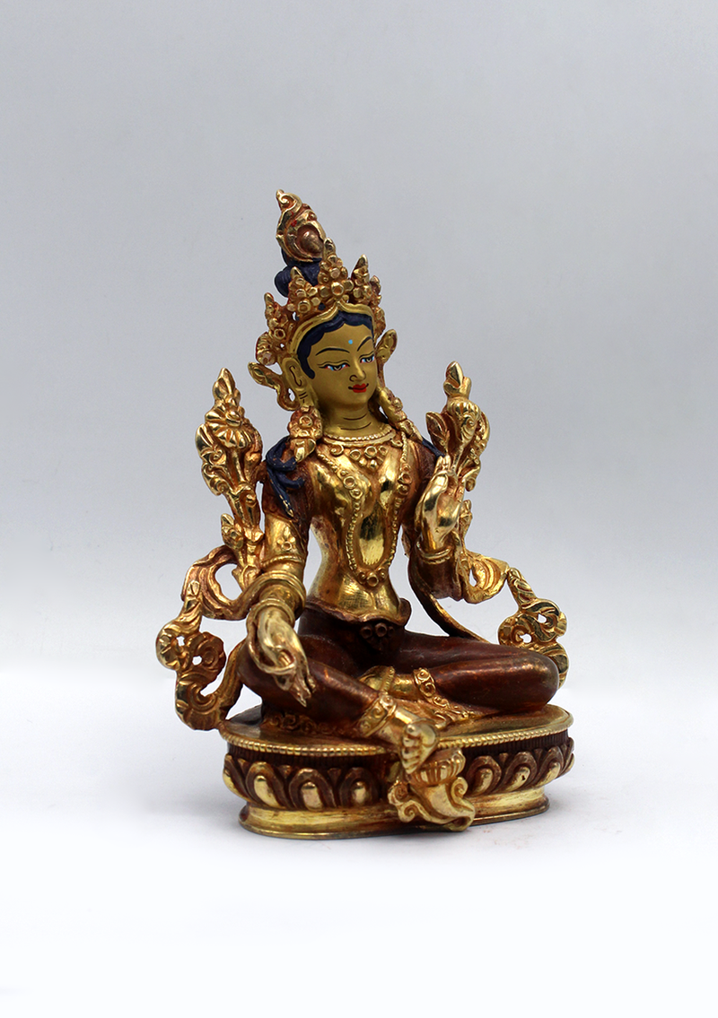 Partly Gold Plated Copper Green Tara Statue 5.5"H
