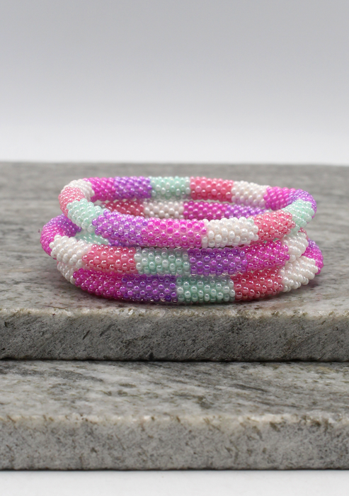 Pink White Stripe Nepalese Roll on Beads Bracelet