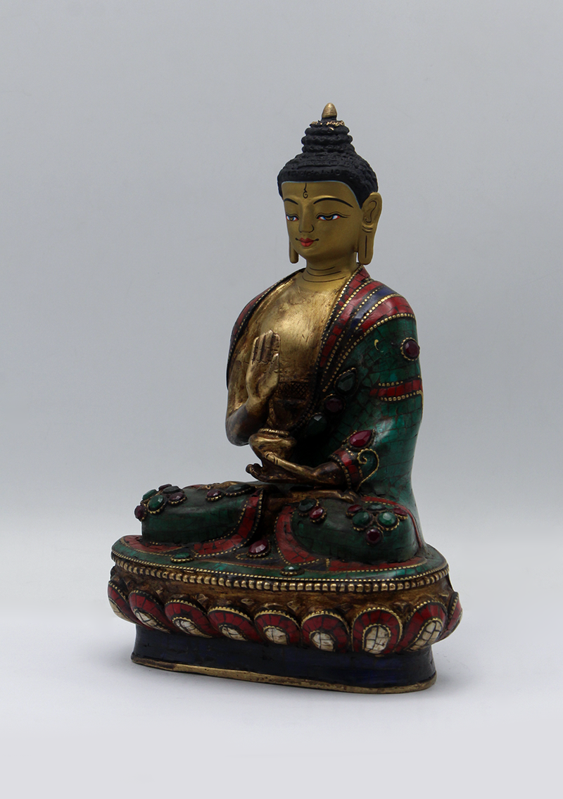 Stone Inlaid Copper Amogasiddhi Buddha Statue 8.5"H