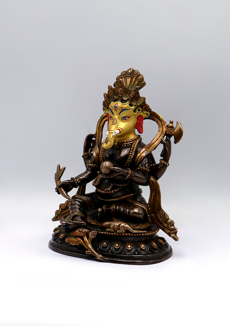 Gold Face Painted Copper Ganesh Statue 7"H