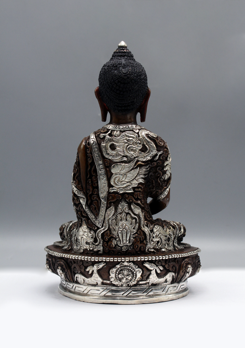 Silver Copper Amitabha Buddha Statue 8"H