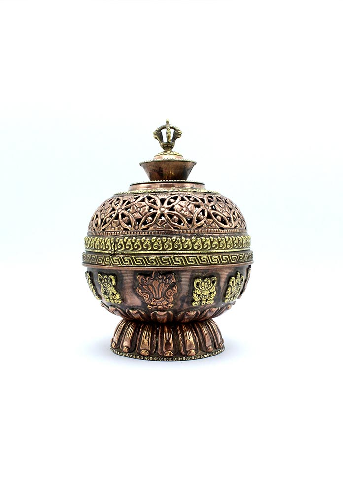 Round Astamangal Copper Floral Design Incense Burner with Lotus Base