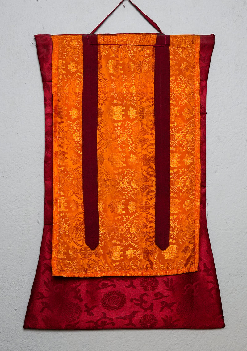 Yellow Dzambhala Thangka Painting with Brocade
