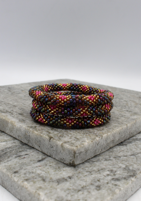Pink, Gold & Mixed Beads Nepalese Roll on Bracelet