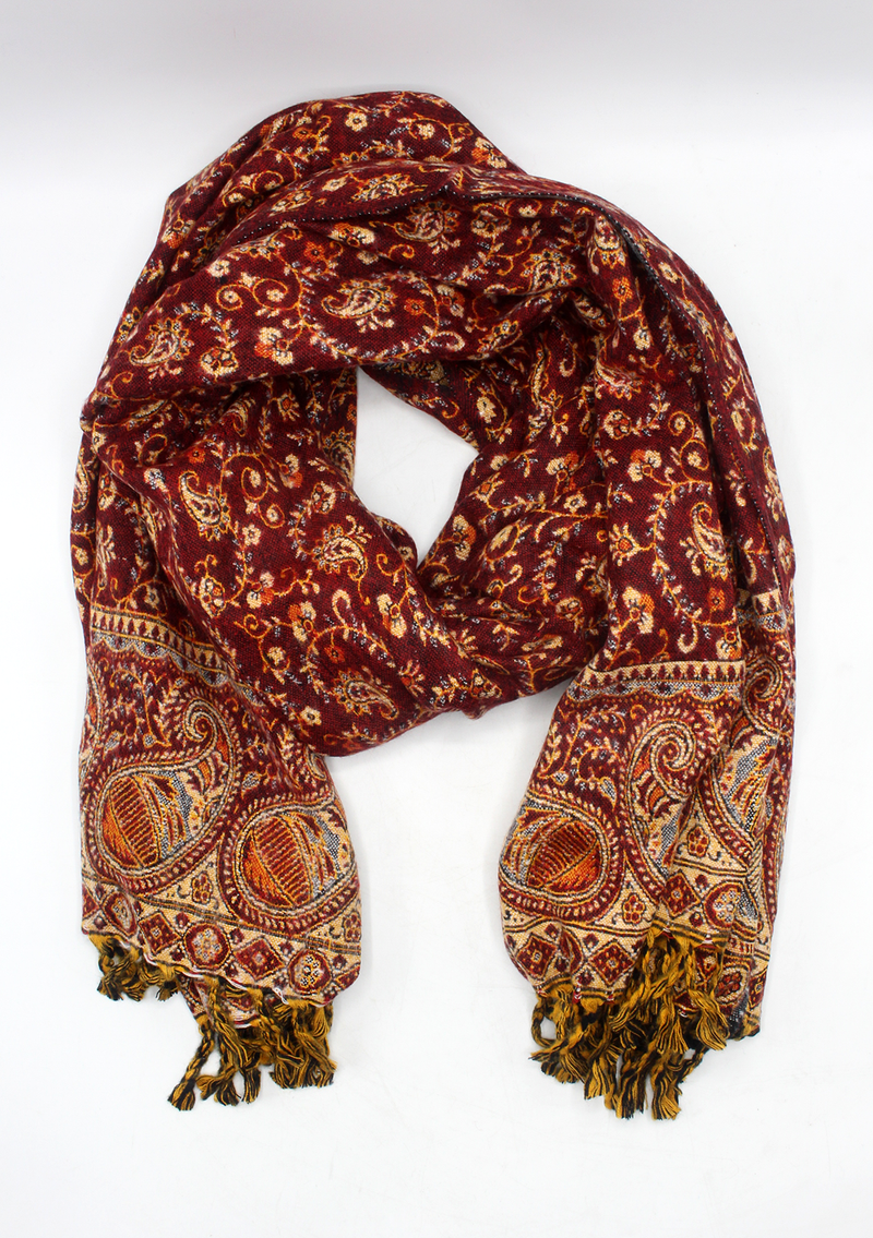 Hand loomed Mini Leaves Red Woolen Shawl